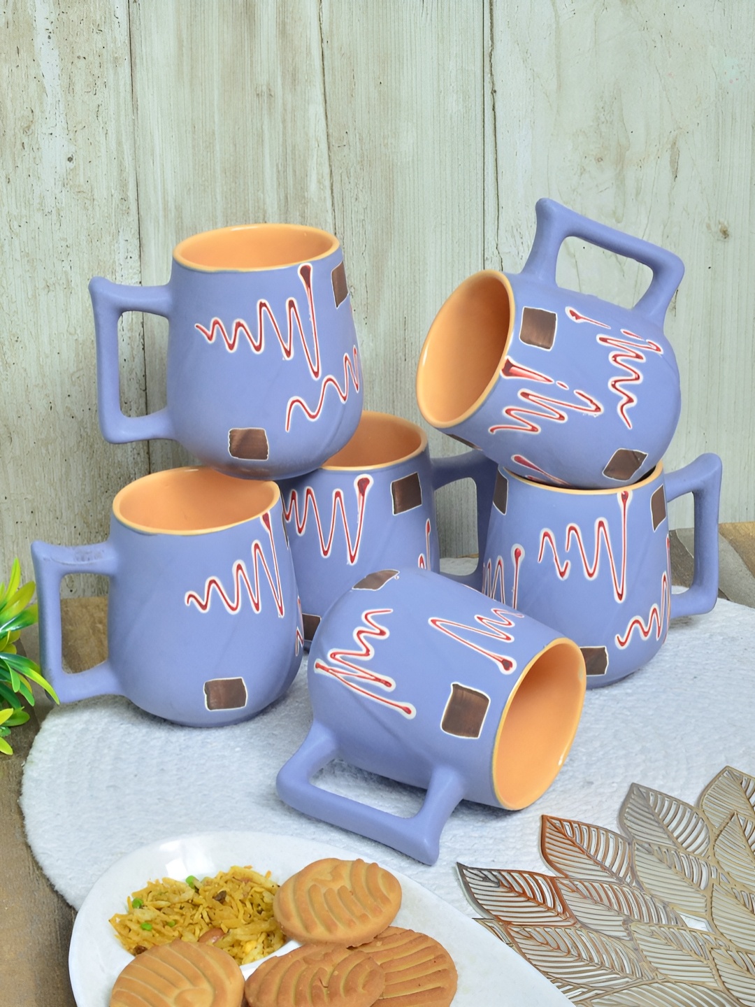 

FABINALIV Blue & Yellow 6 Pieces Printed Ceramic Matte Mugs 300 ml