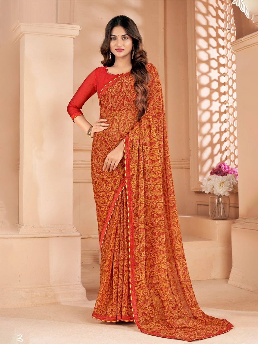 

Reboot Fashions Paisley Pure Chiffon Saree, Orange