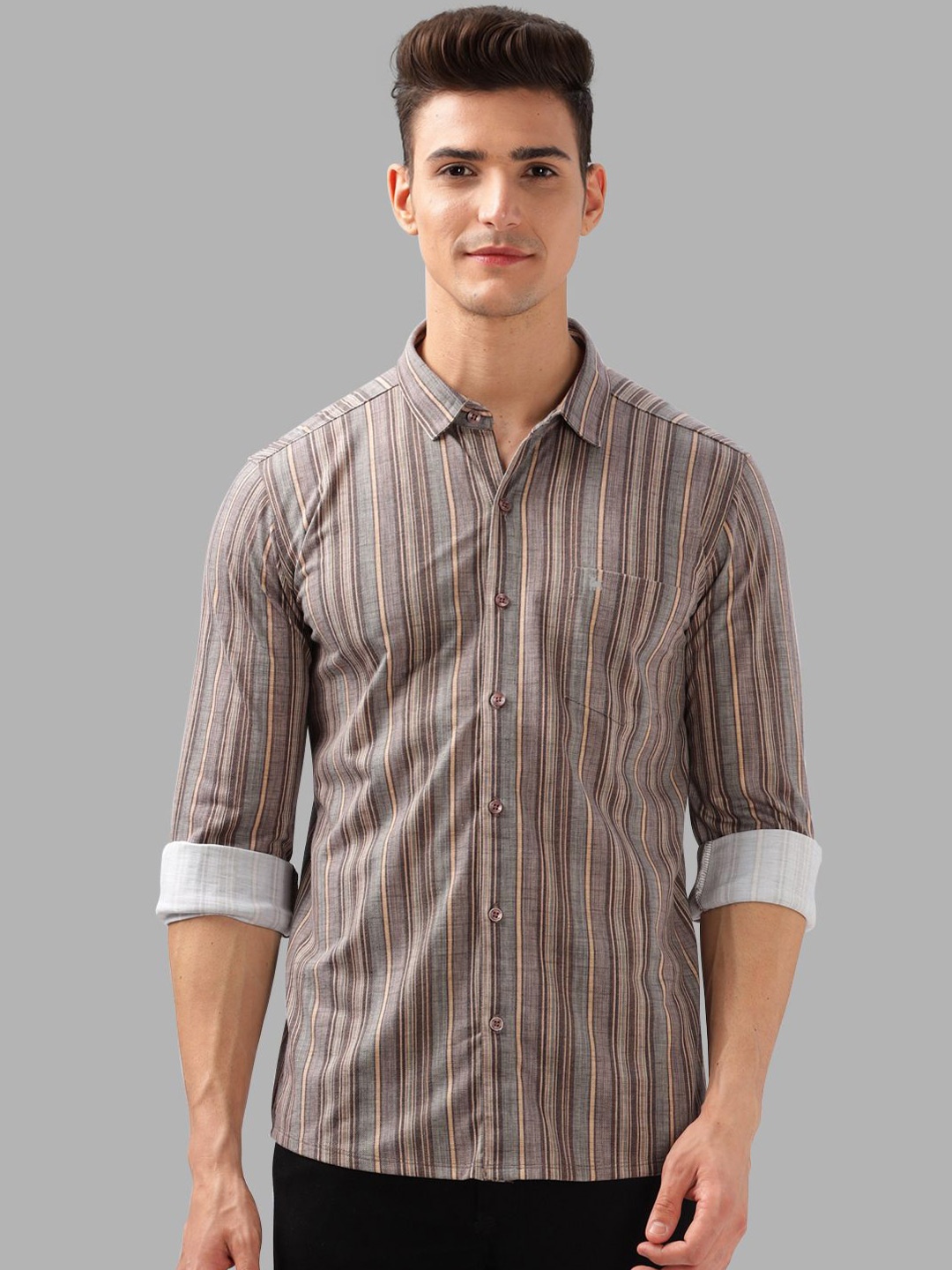 

BULLMER Men Spread Collar Multi Striped Cotton Casual Shirt, Brown