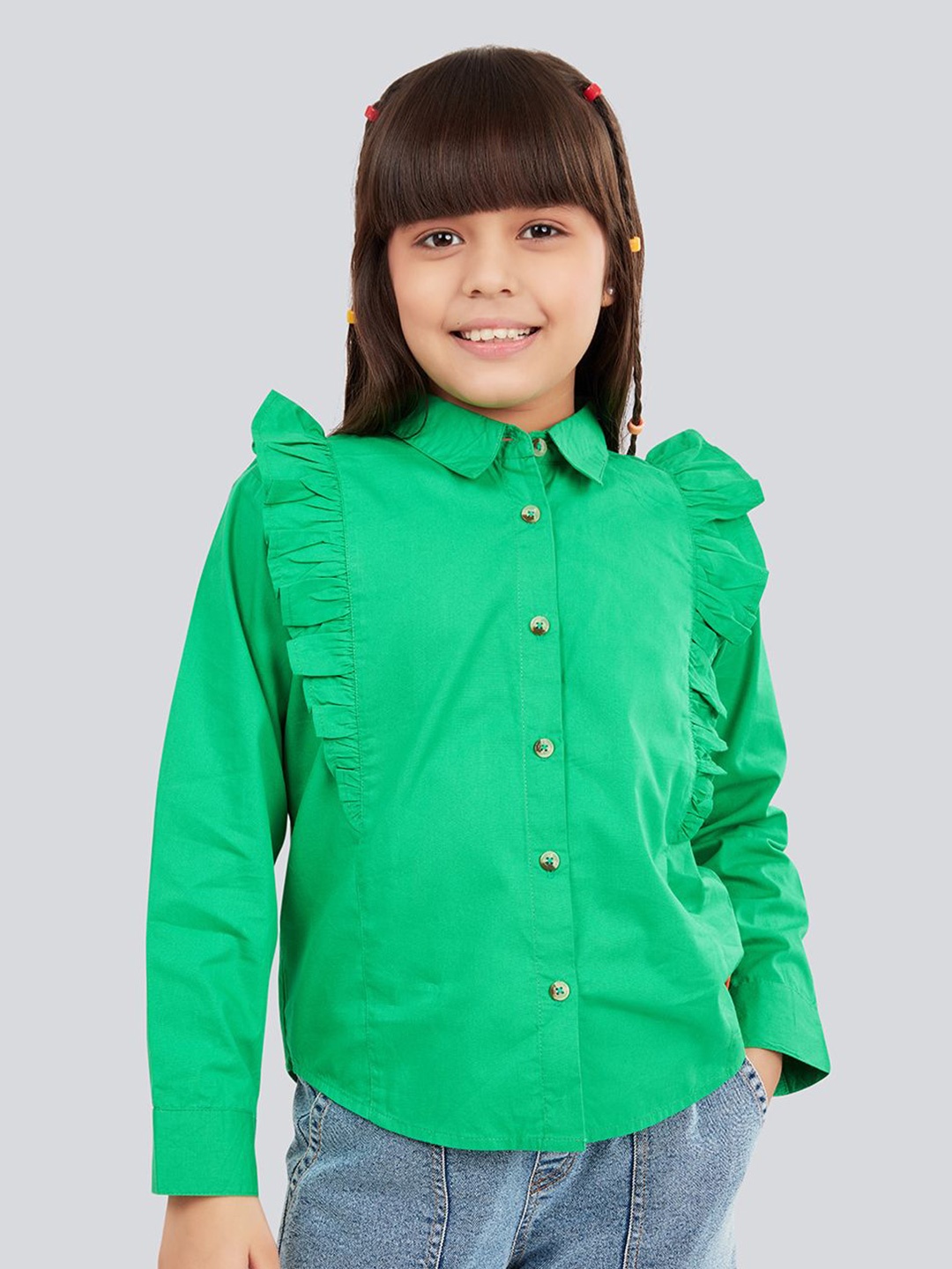 

Olele Girls Pure Cotton Button Down Ruffle Shirt, Green