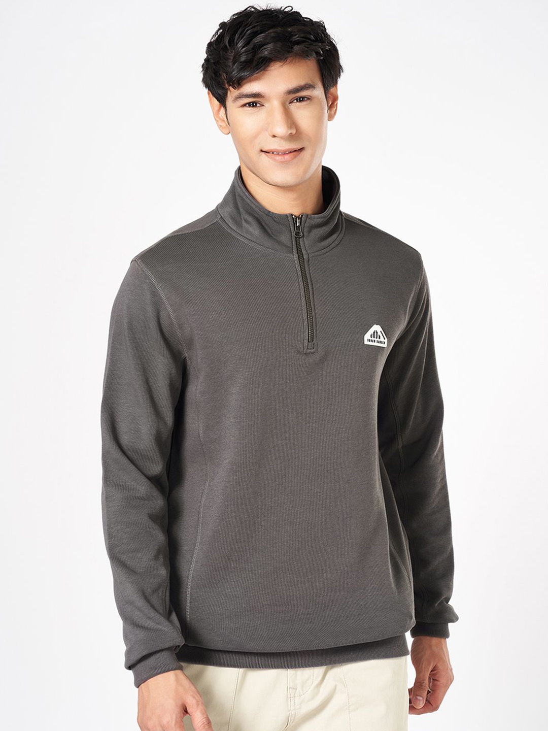 

Urban Ranger by pantaloons Men Solid Mock Collar Pure Cotton Sweatshirt, Grey