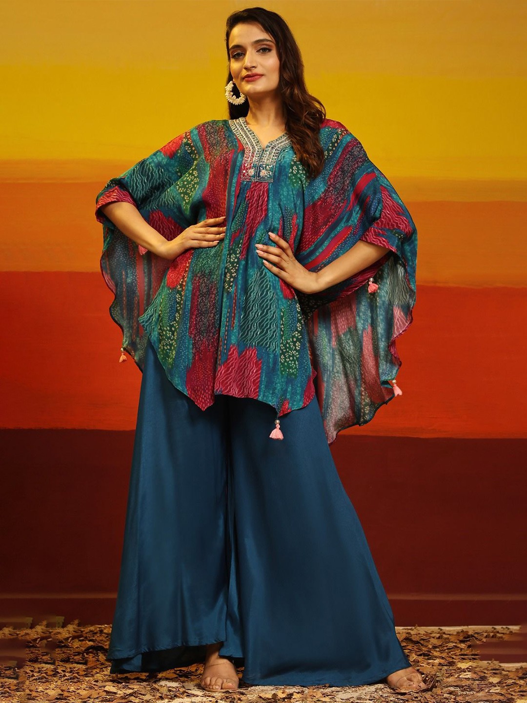 

JIVORA Women Print Cape Sleeve Crepe Fit & Flare Dress, Turquoise blue