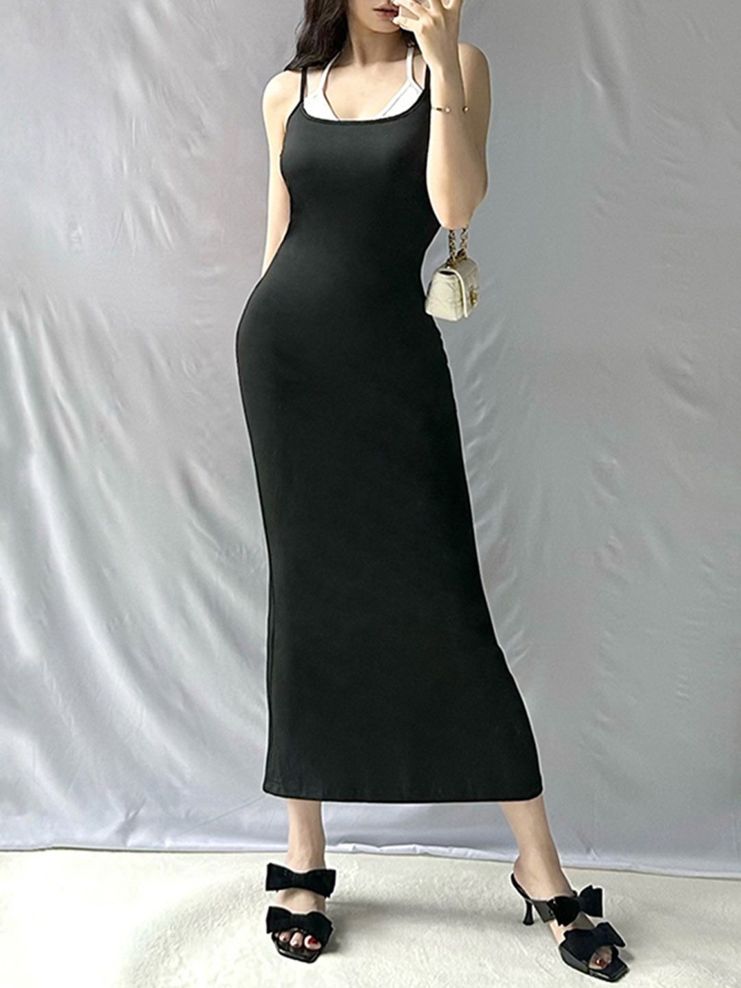 

StyleCast Women Solid Shoulder Straps Maxi Dress, Black