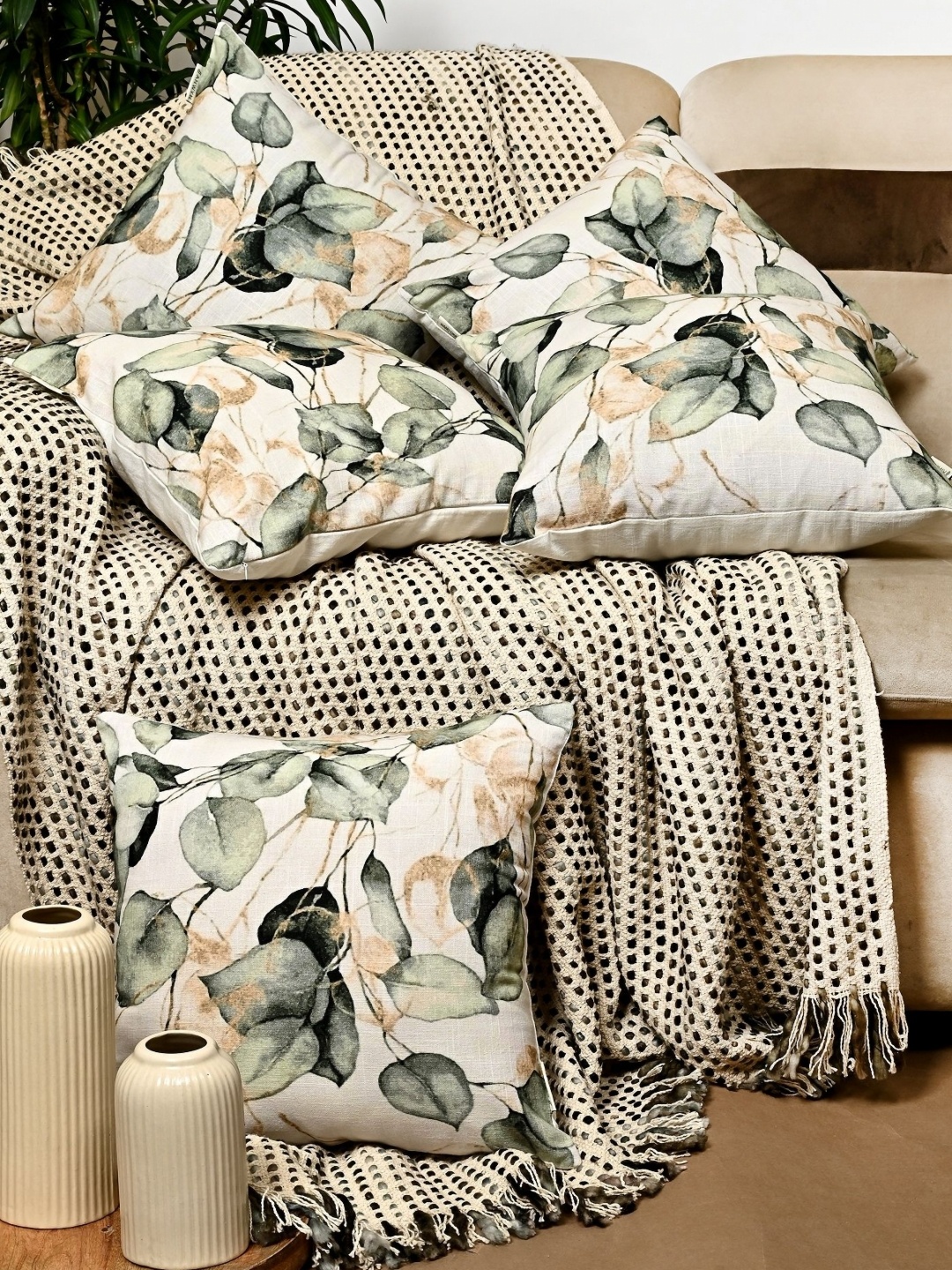 

ANWYN Beige & Green 5 Pieces Floral Printed Cotton Square Cushion Covers