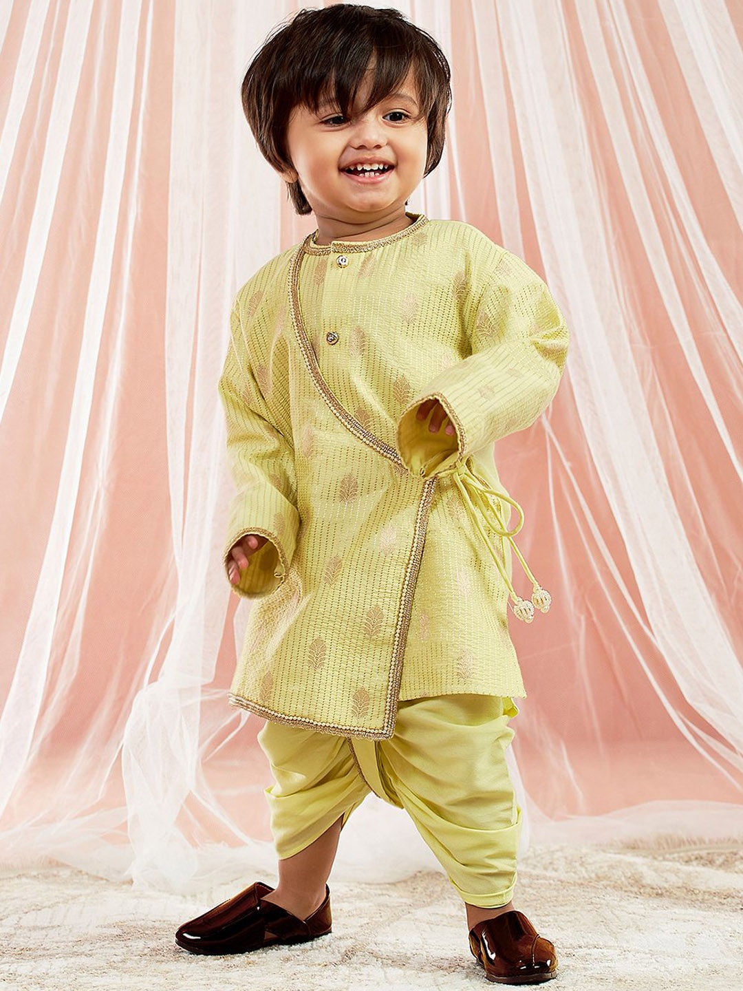 

VASTRAMAY Boys Floral Embroidered Tiered Kantha Work Kurta with Dhoti Pants, Green