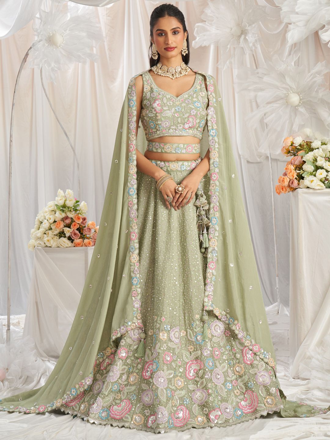 

panchhi Embroidered Sequinned Semi-Stitched Lehenga & Unstitched Blouse With Dupatta, Lime green