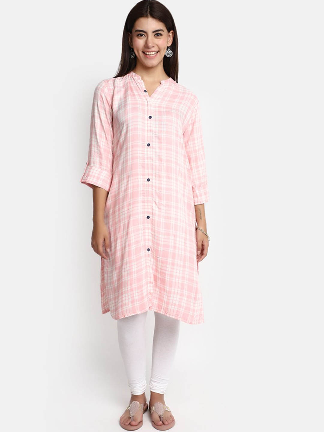 

V-Mart Women Checked Thread Work Kurta, Pink