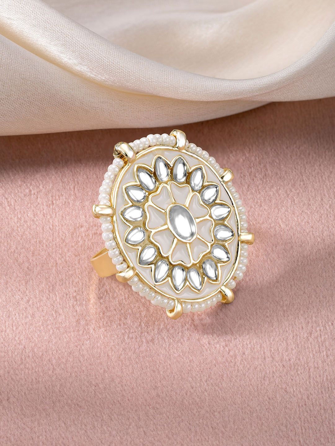 

Peora Gold-Plated Kundan Studded & Beaded Adjustable Finger Ring