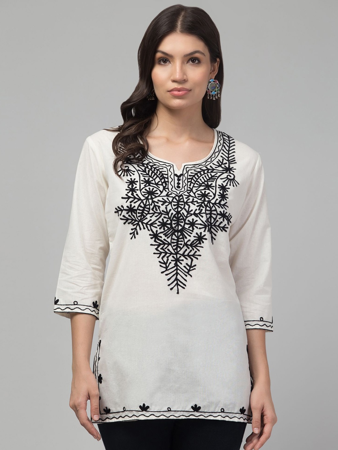 

FAMBEE Women Embroidered Aari Work Pure Cotton Kurti, Off white