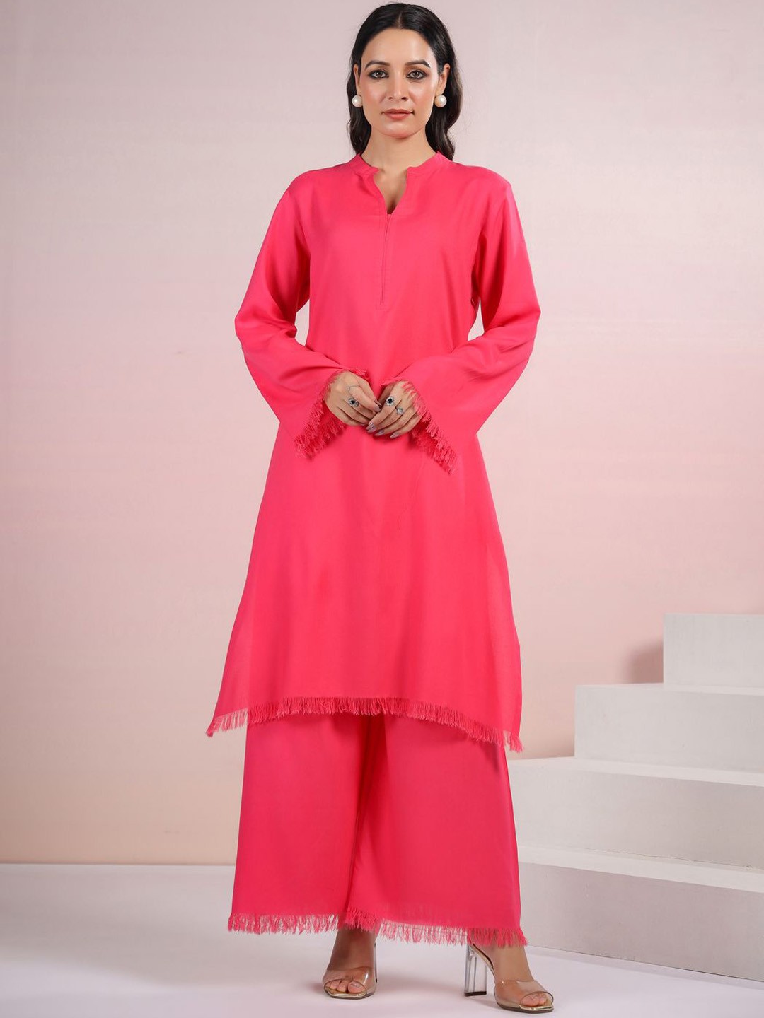 

Coordnord Mandarin Collar Regular Straight Kurta with Palazzos, Pink