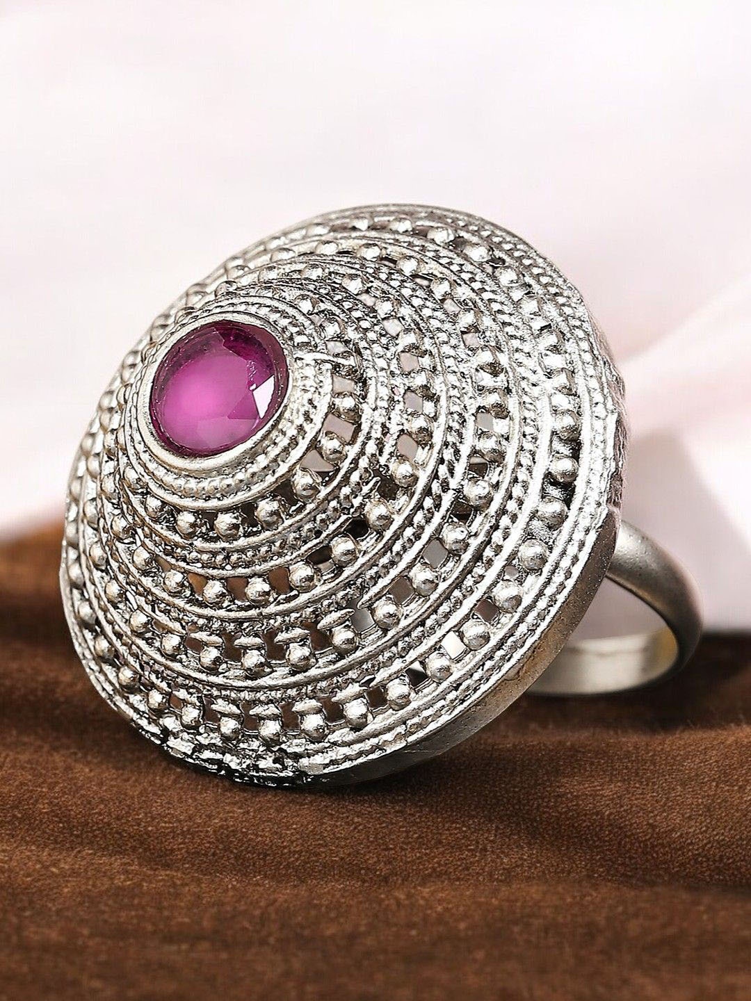 

OOMPH Silver-Plated Stones-Studded Oxidised Finger Ring