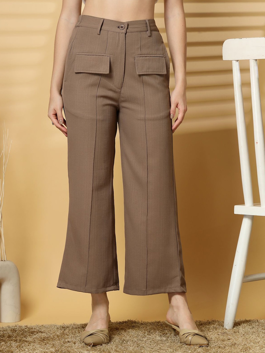 

plusS Women Solid Cotton Formal Trousers, Brown