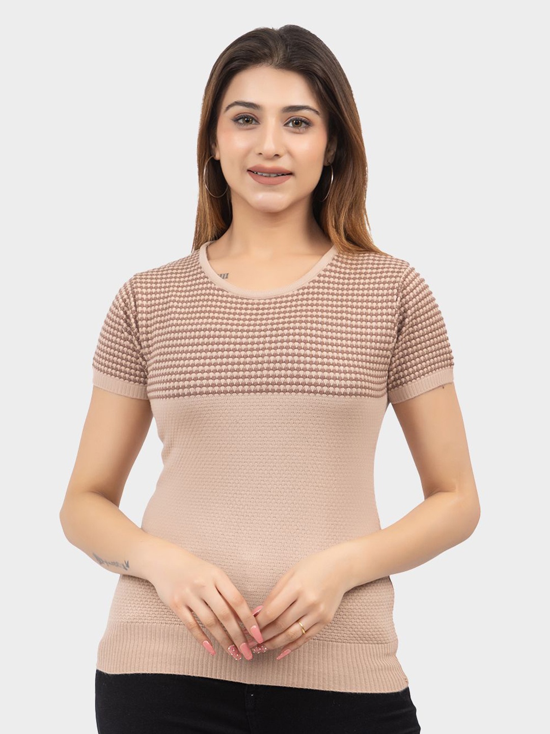 

LEZA Women Colourblocked Round Neck Cotton Top, Camel brown
