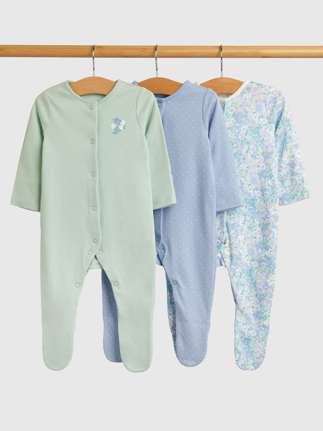 

mothercare Girls Pack of 3 Cotton Printed Sleepsuit, Blue