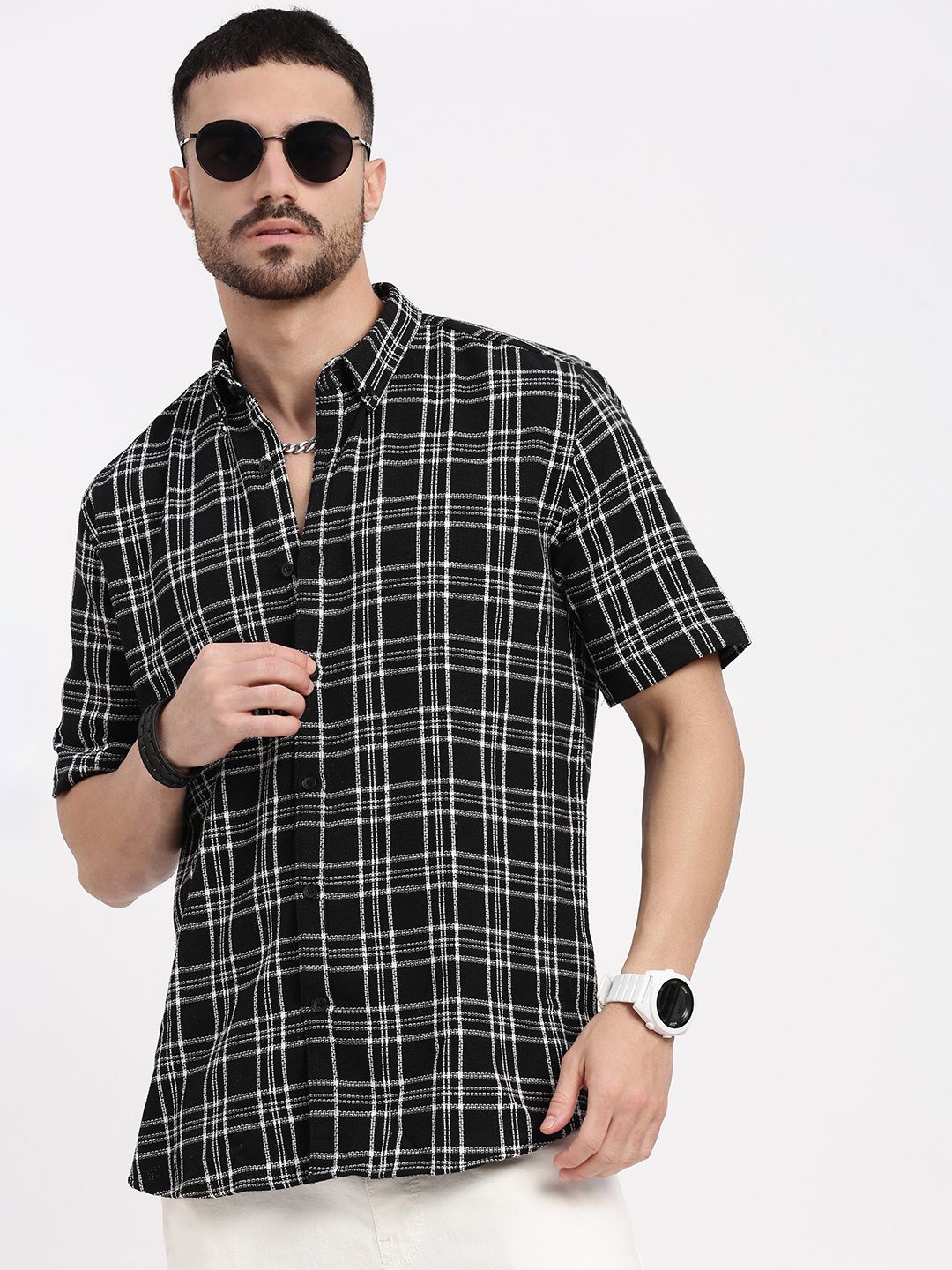 

SHOWOFF Men Comfort Button-Down Collar Checked Cotton Slim Fit Casual Shirt, Black