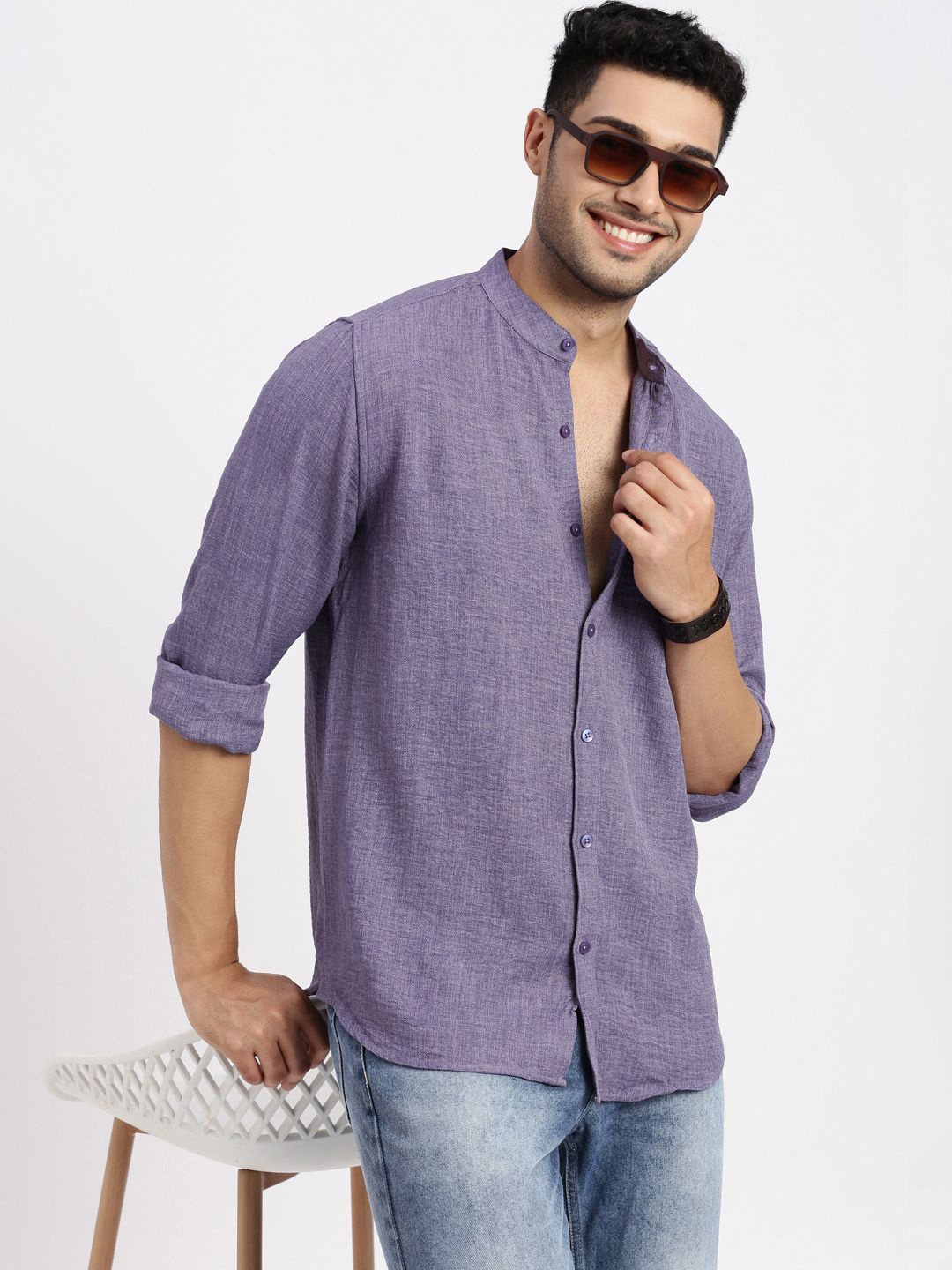 

SHOWOFF Men Standard Mandarin Collar Solid Cotton Slim Fit Casual Shirt, Purple