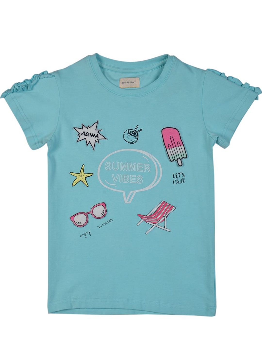 

Gini and Jony Girls Graphic Printed Round Neck Cotton Top, Blue