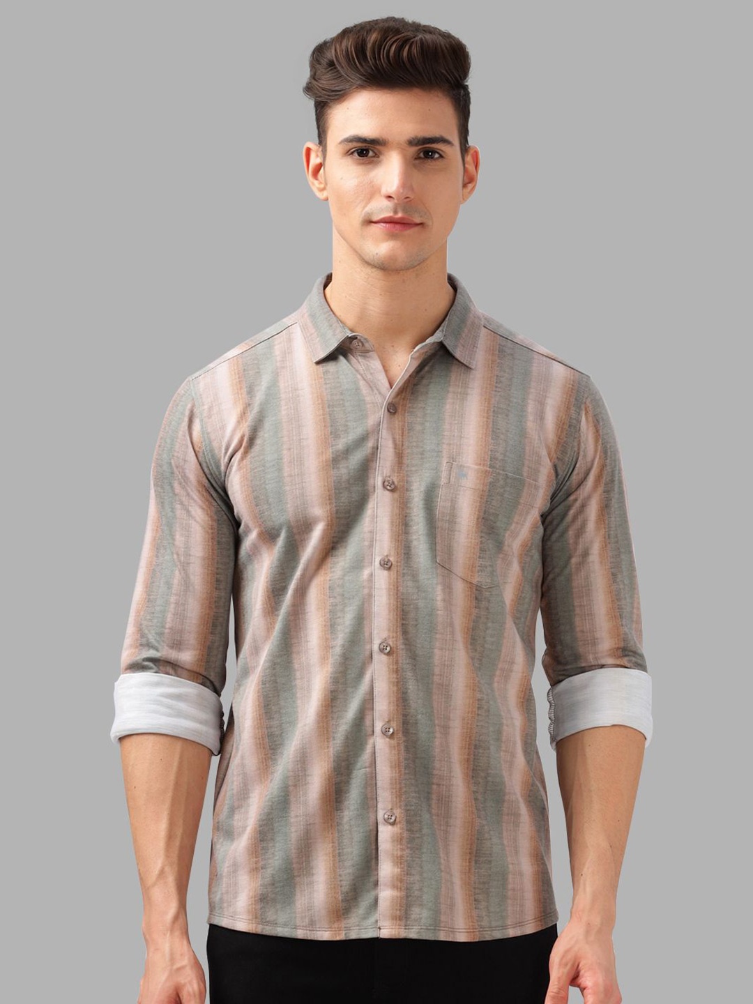 

BULLMER Men Spread Collar Vertical Striped Cotton Casual Shirt, Brown