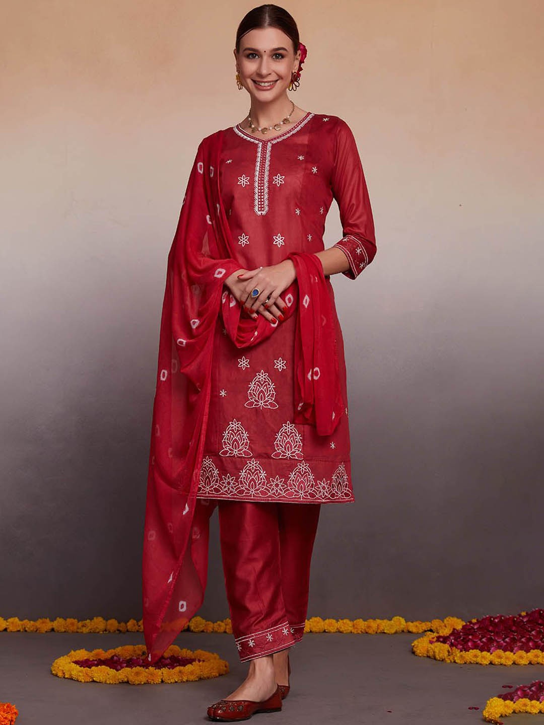 

KALINI Women Floral Embroidered Kurta with Trousers & With Dupatta, Maroon