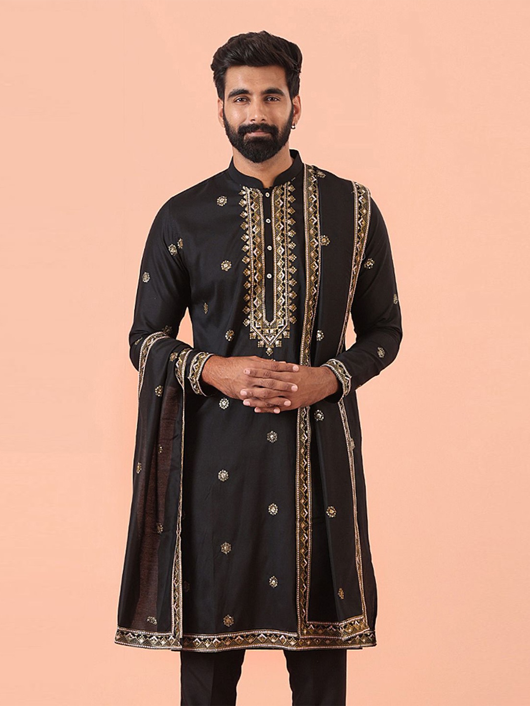 

KISAH Floral Embroidered Dupatta, Black
