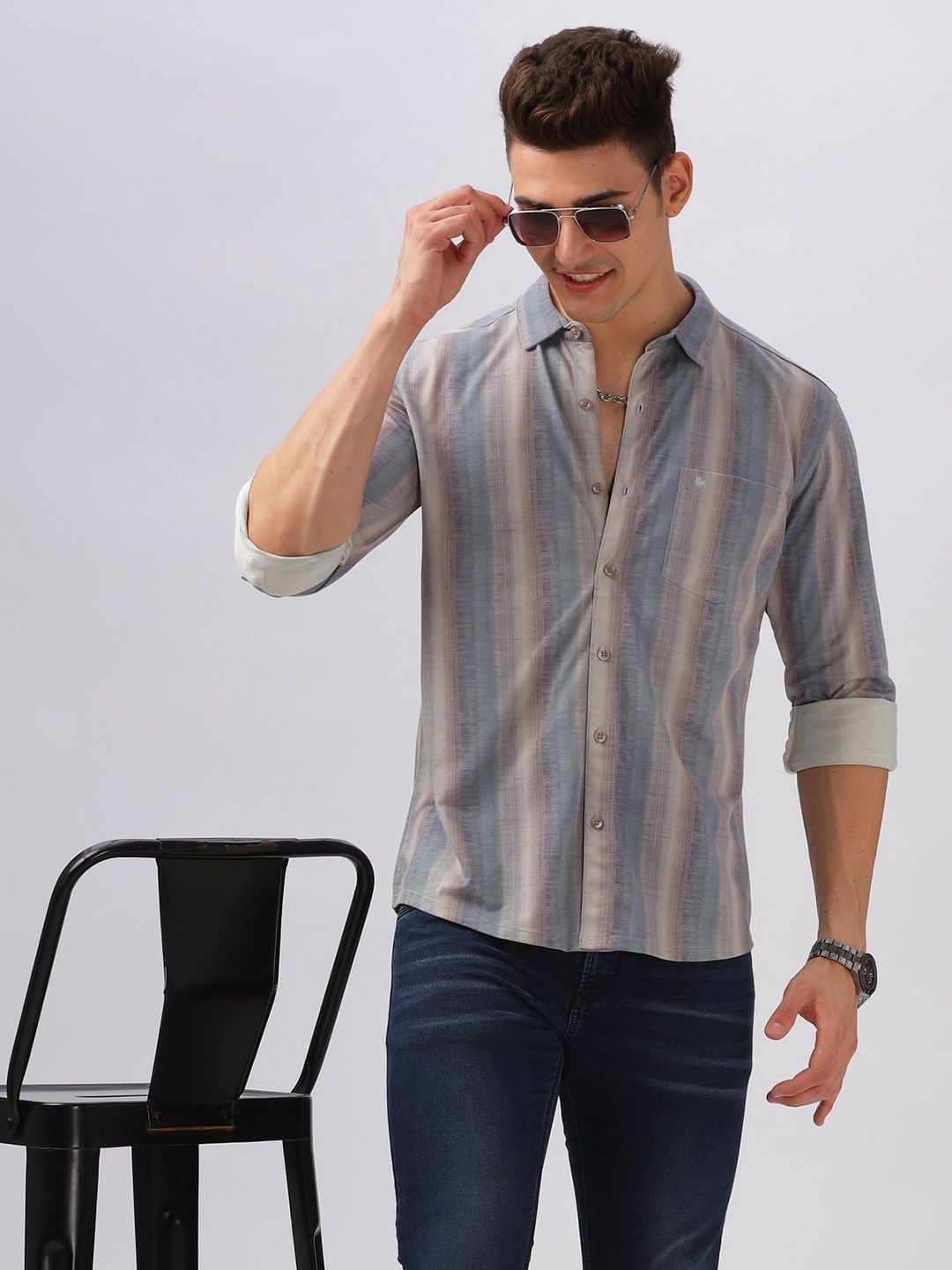 

BULLMER Men Spread Collar Vertical Striped Cotton Casual Shirt, Purple