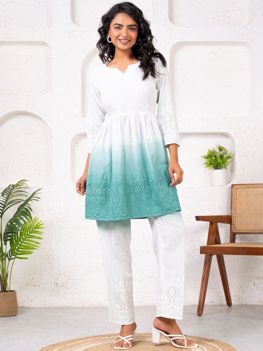 

SAADGEE Self Design Cotton Tunic With Trousers Co-Ords, Green