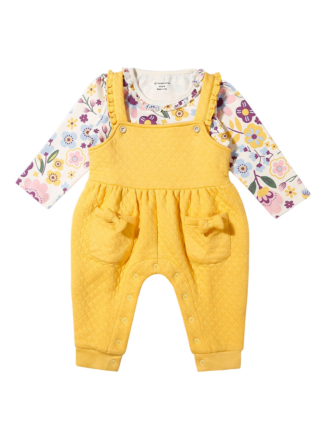 

My Milestones Infant Girls Floral Cotton Dungarees With Printed Top, Yellow