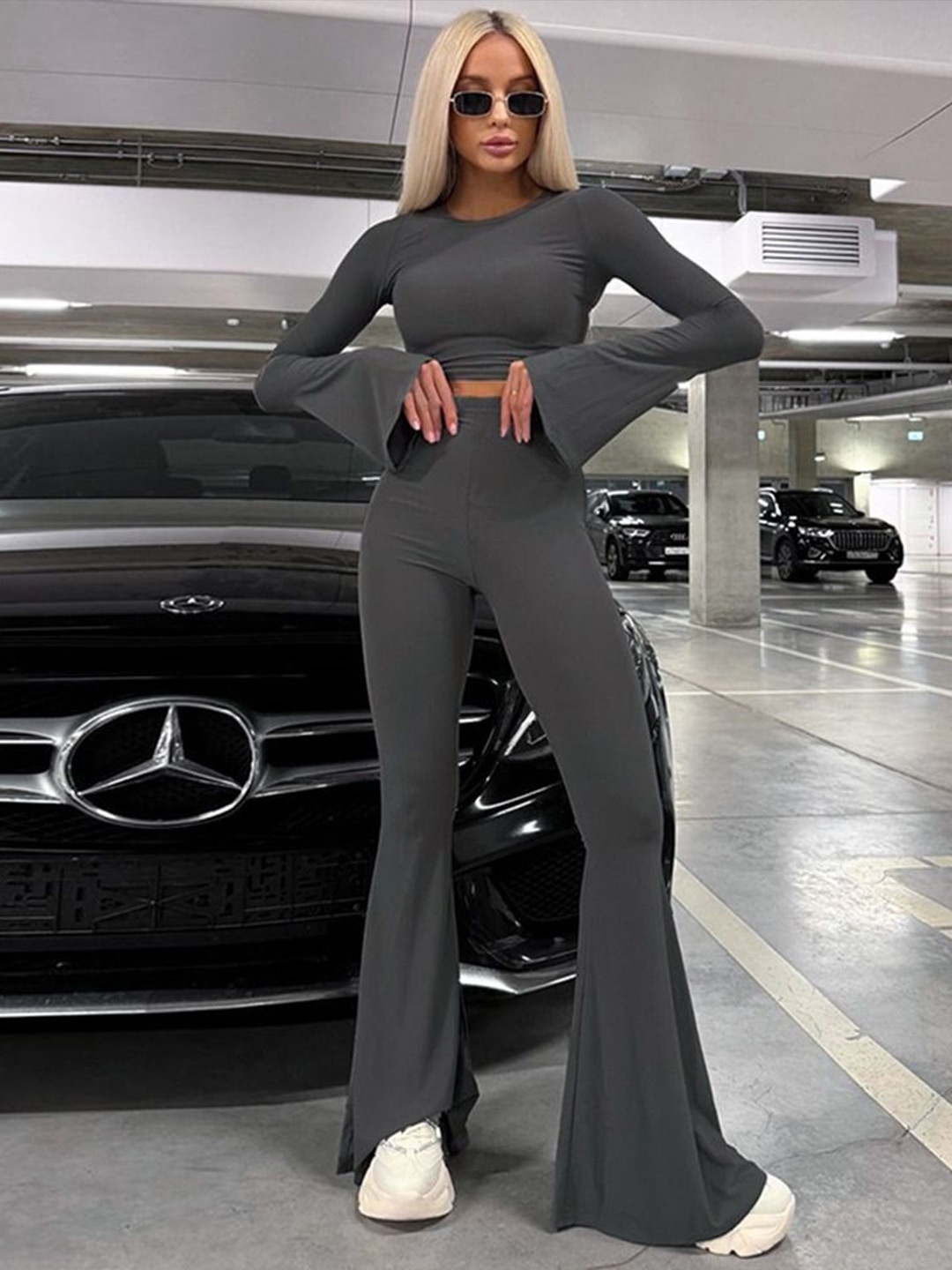 

StyleCast x Revolte Flared Sleeves Crop Top With Trousers, Grey