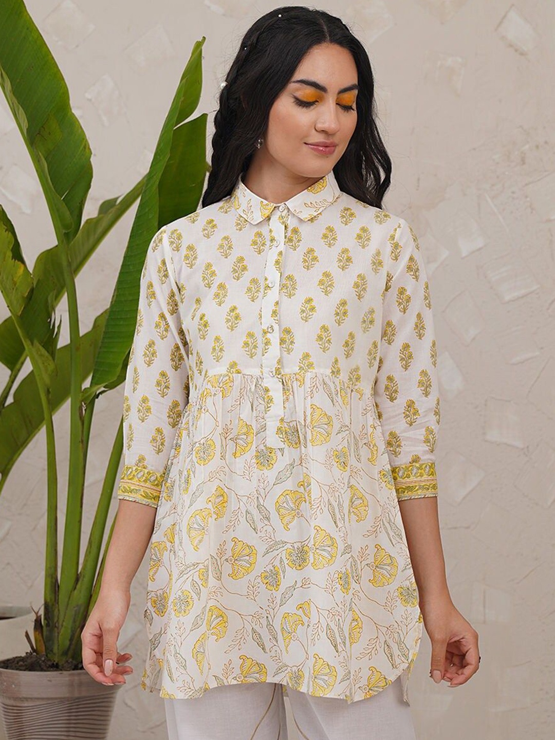 

JAYPORE Women Ethnic Motifs Printed Shirt Collar Cotton Top, White