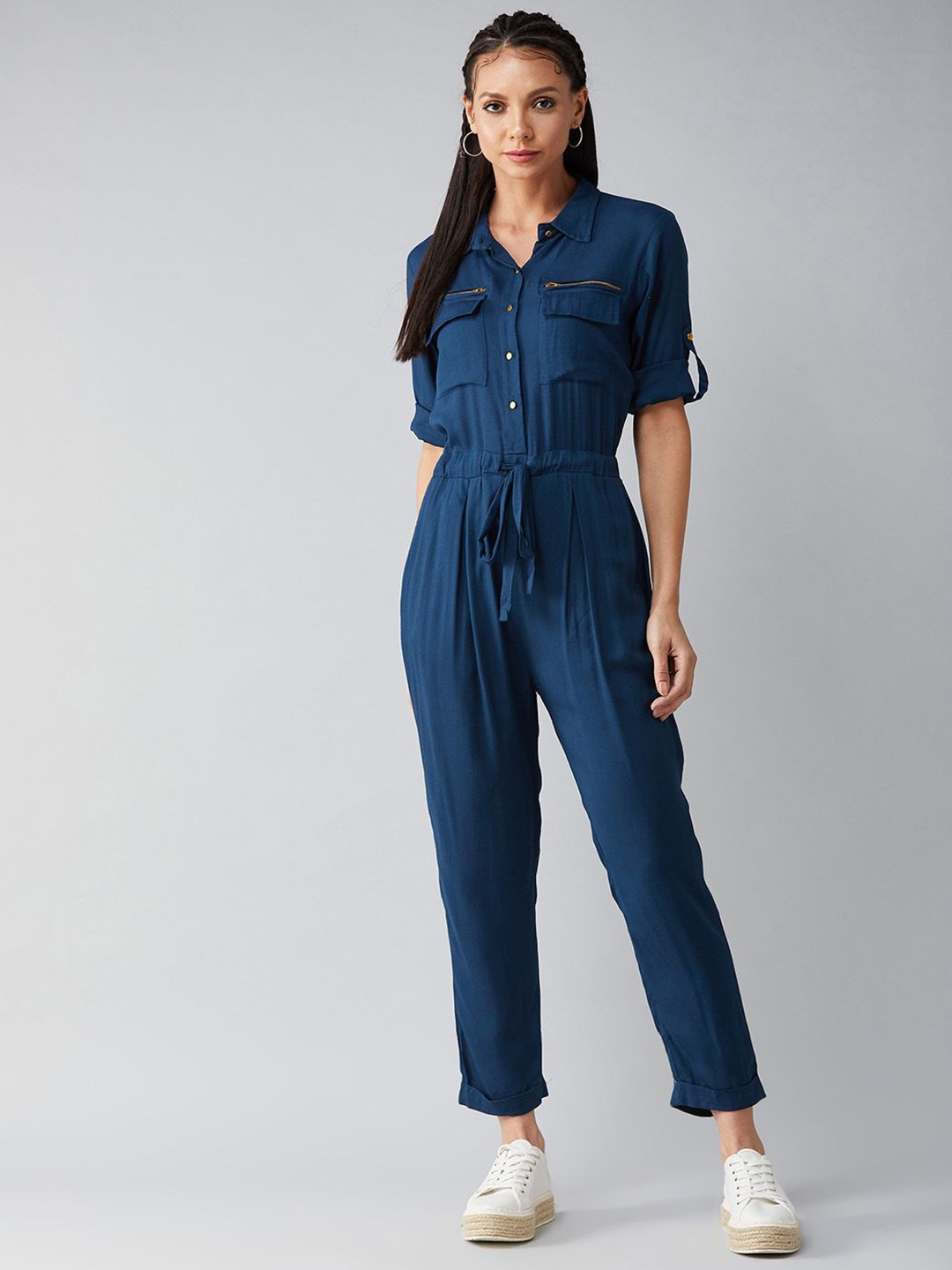

DOLCE CRUDO Collared V-Neck 3/4 Sleeves Straight Leg Tie-Up Solid Belted Wrap Jumpsuit, Blue