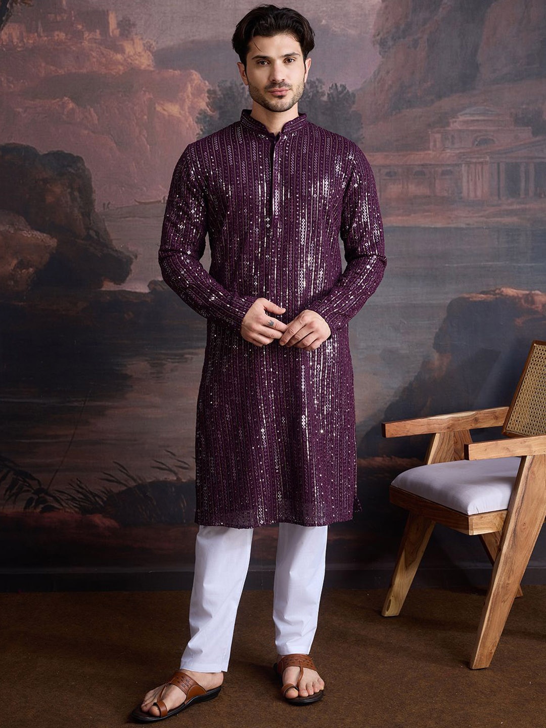 

House of Pataudi Striped Embroidered Sequinned Straight Kurta With Trousers, Purple