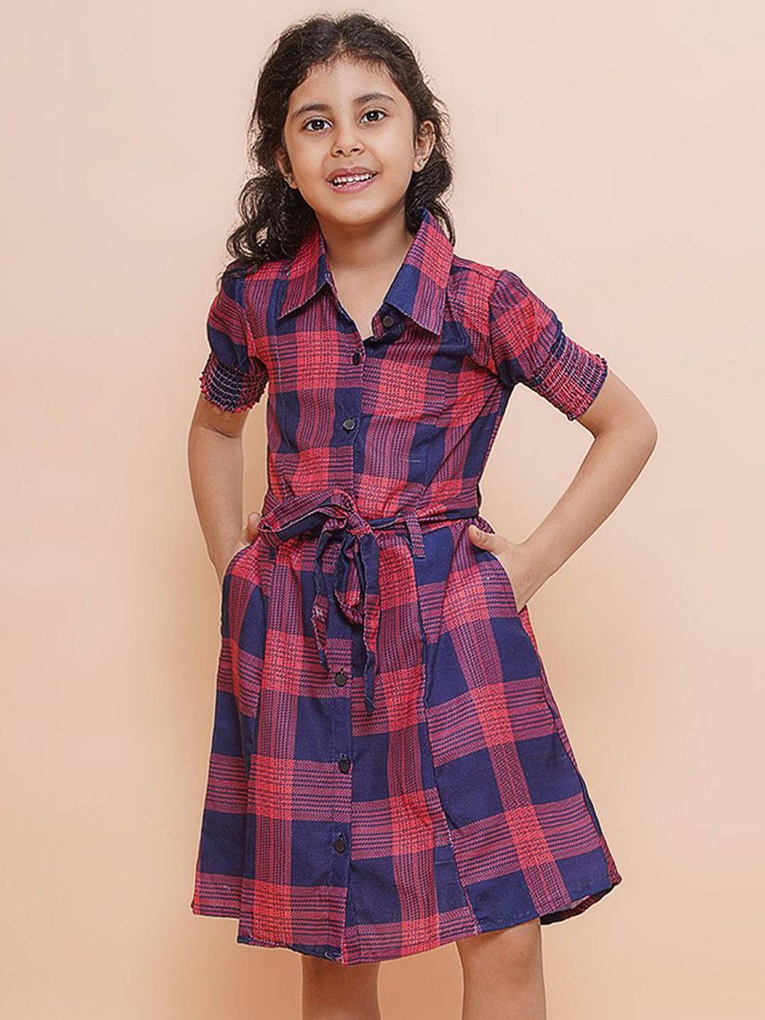 

Arshia Fashions Girls Checked Shirt Collar Shirt Dress, Red