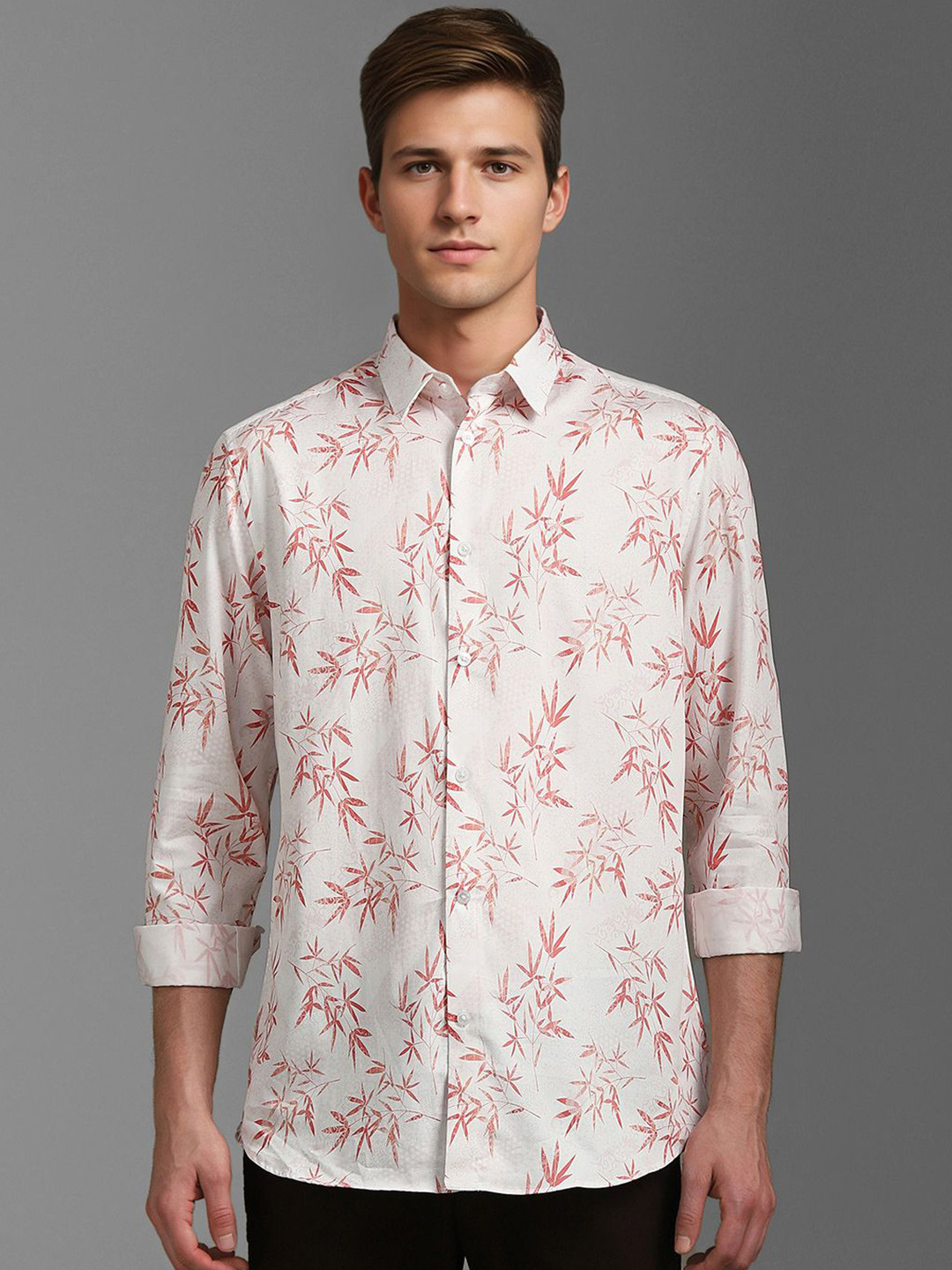 

Louis Philippe Sport Men Classic Spread Collar Floral Printed Cotton Casual Shirt, White