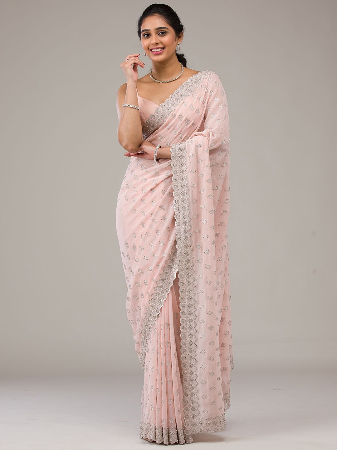 

Koskii Beads and Stones Saree, Peach