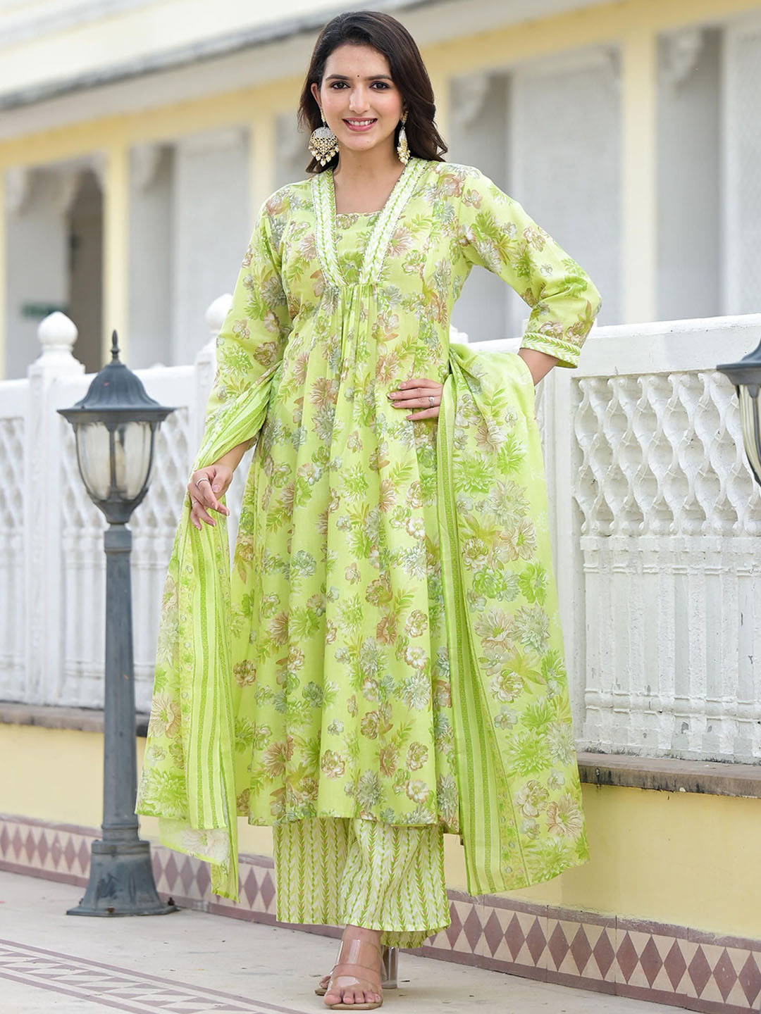 

Juniper Women Floral Printed Regular Sequinned Kurta with Palazzos & With Dupatta, Green
