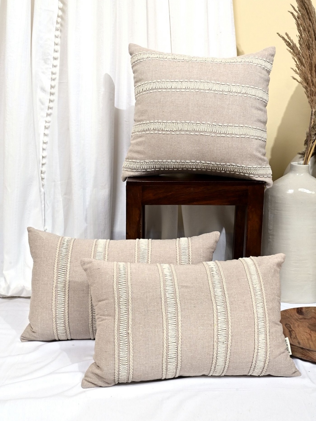 

ANWYN Beige & Off White 3 Pieces Embroidered Cotton Cushion Covers