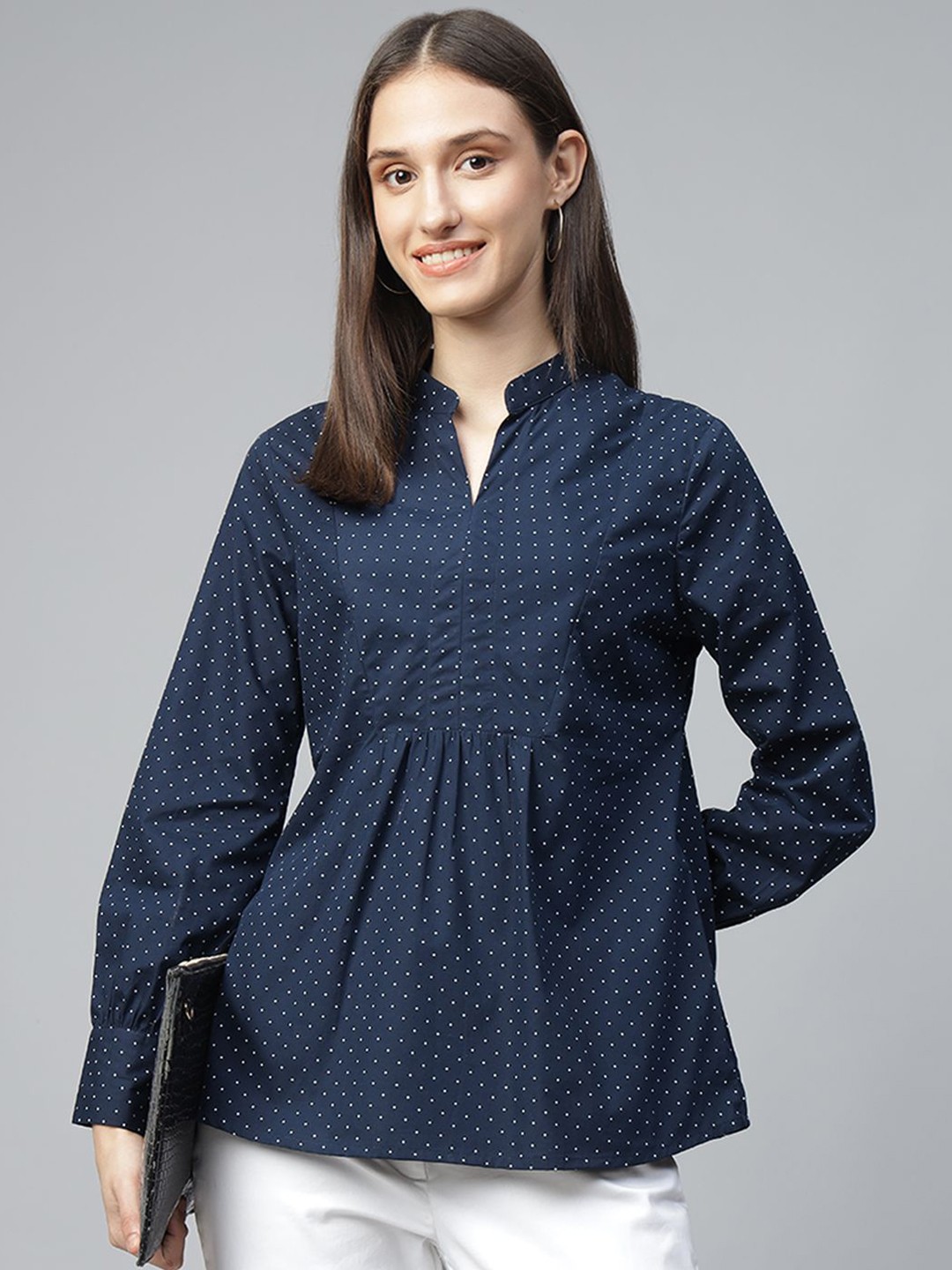 

Hancock Women Polka Dots Printed Mandarin Collar Pure Cotton Formal Top, Navy blue