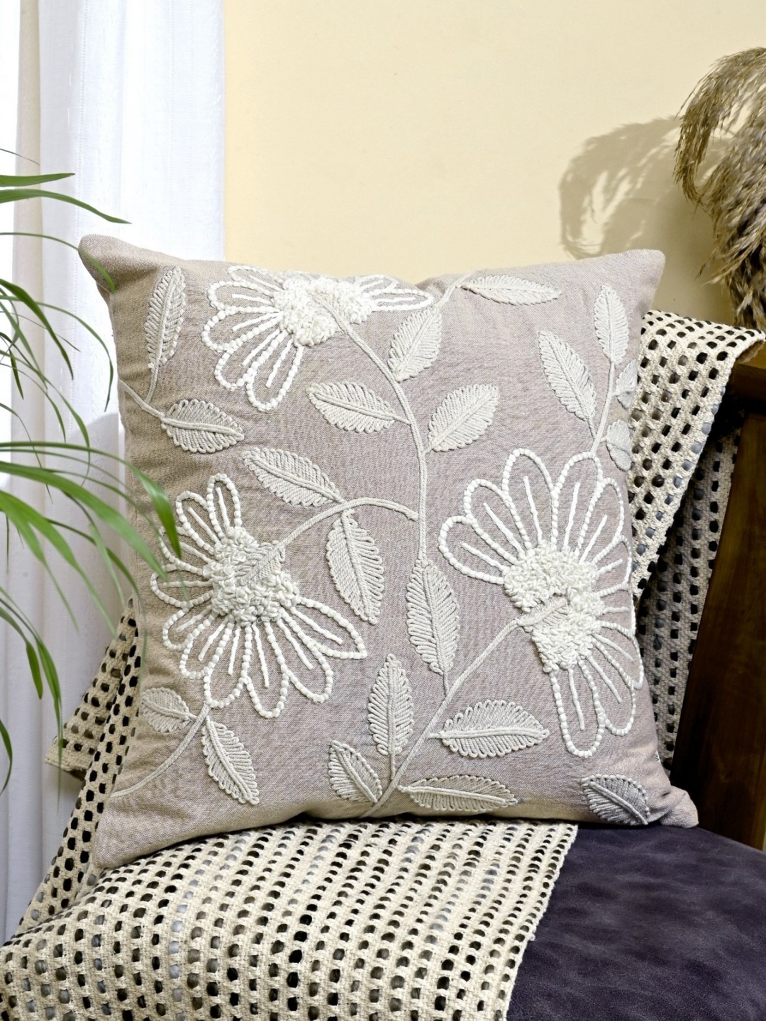 

ANWYN Beige & Off White Embroidered Cotton Square Cushion Cover