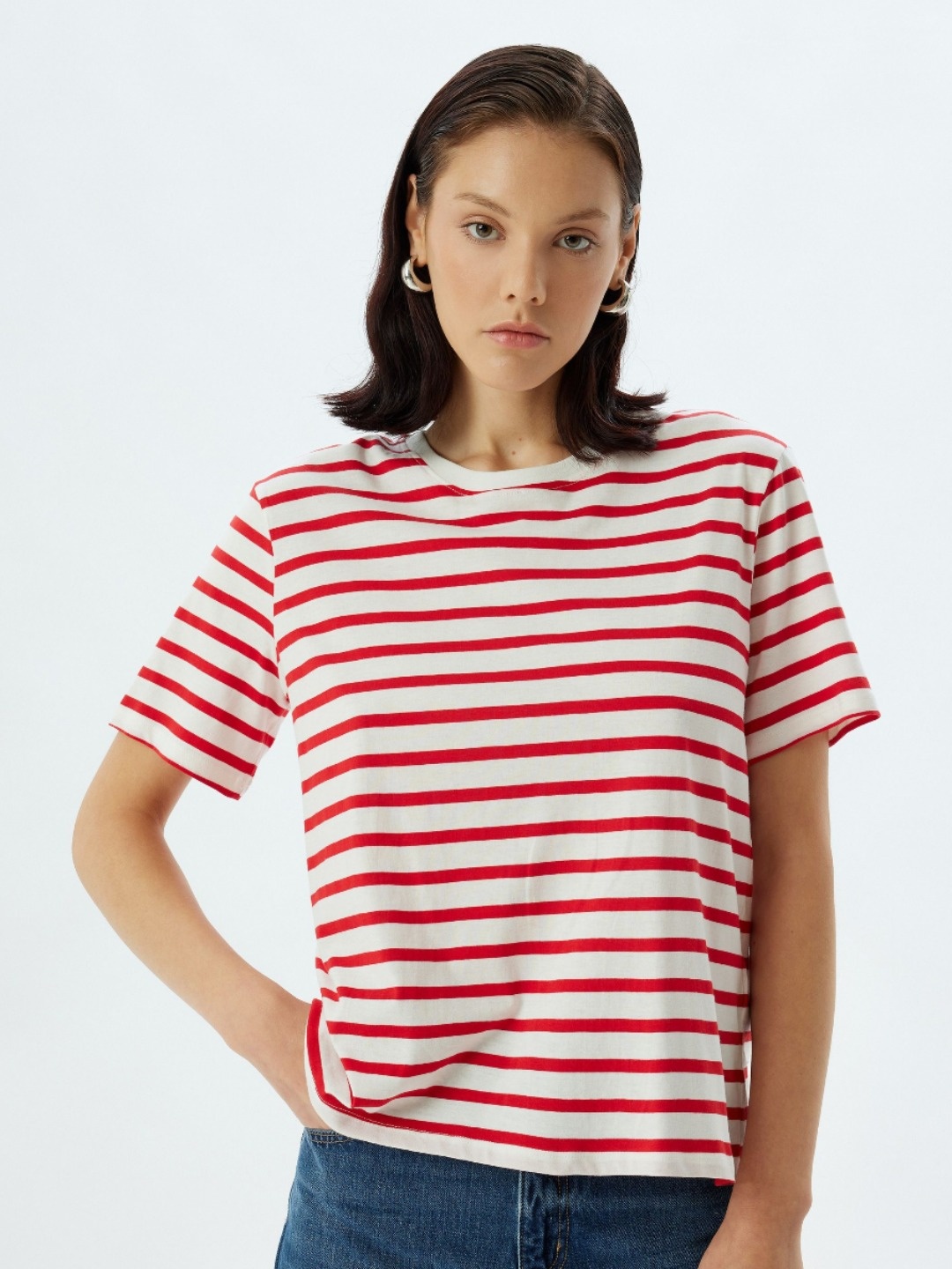 

Koton Women Striped Round Neck Cotton T-shirt, Pink