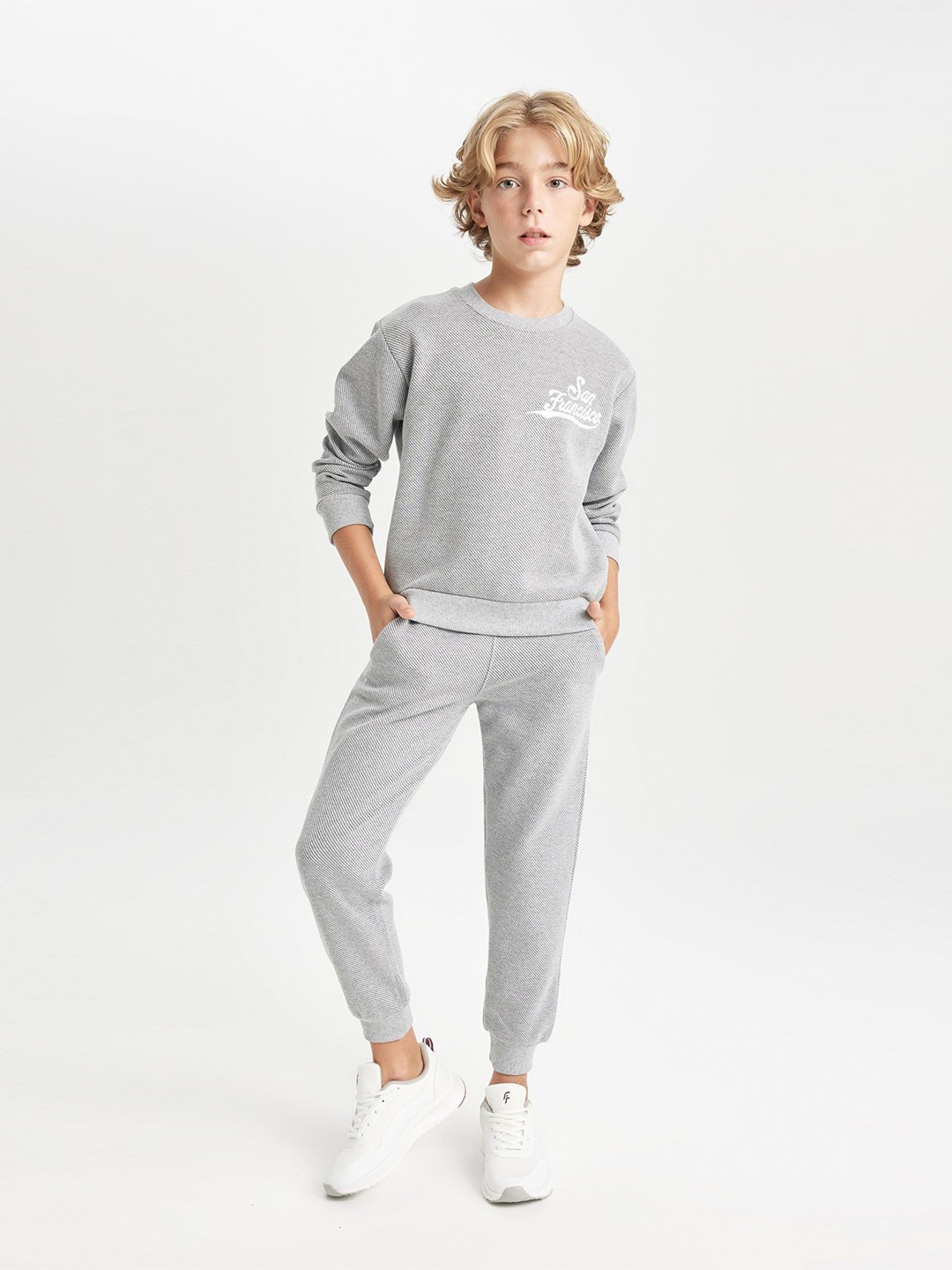 

DeFacto Boys Self Design Round Neck Sweatshirt With Joggers, Grey