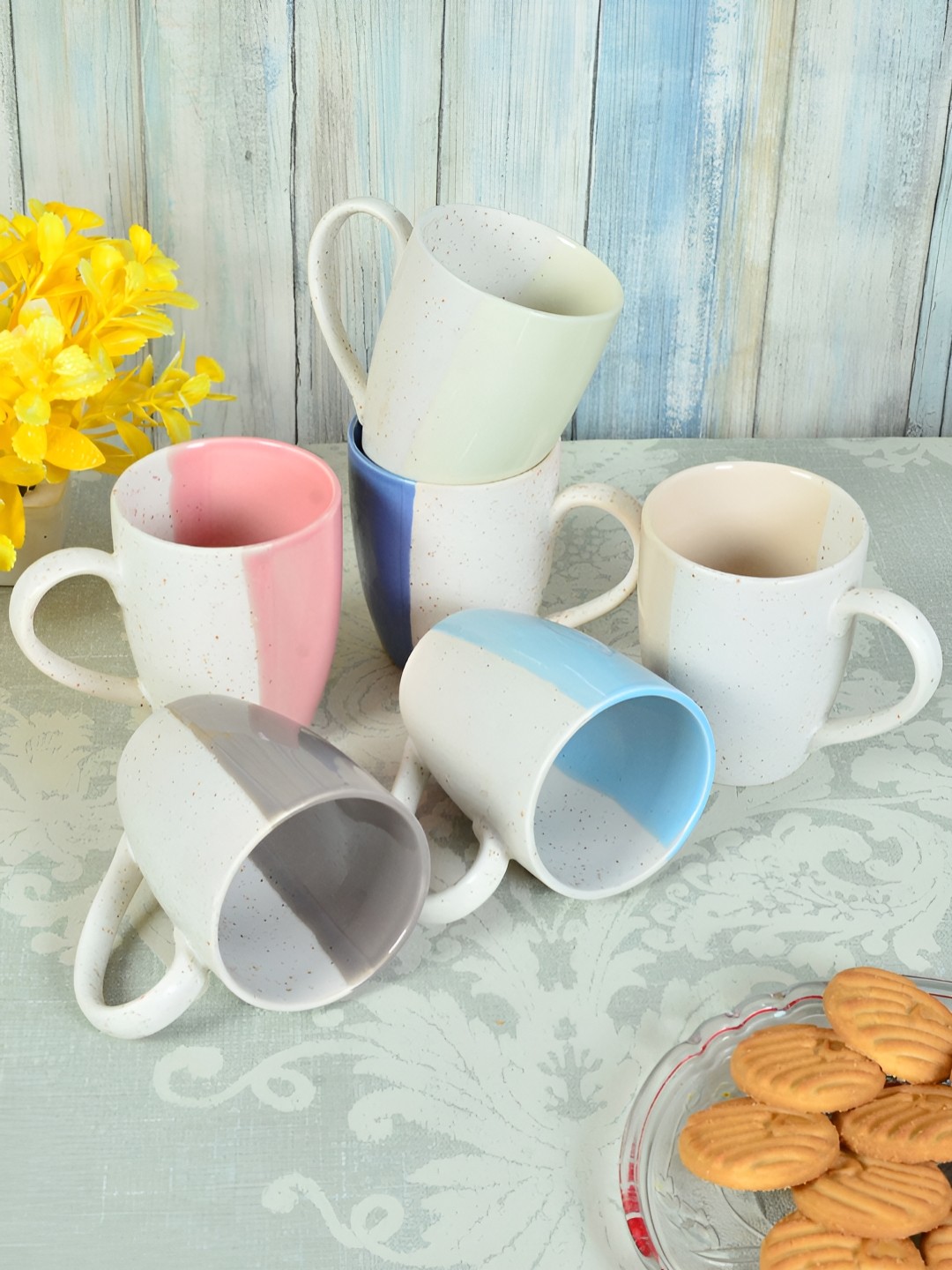 

FABINALIV White & Blue 6 Pieces Ceramic Glossy Mugs 300 ml