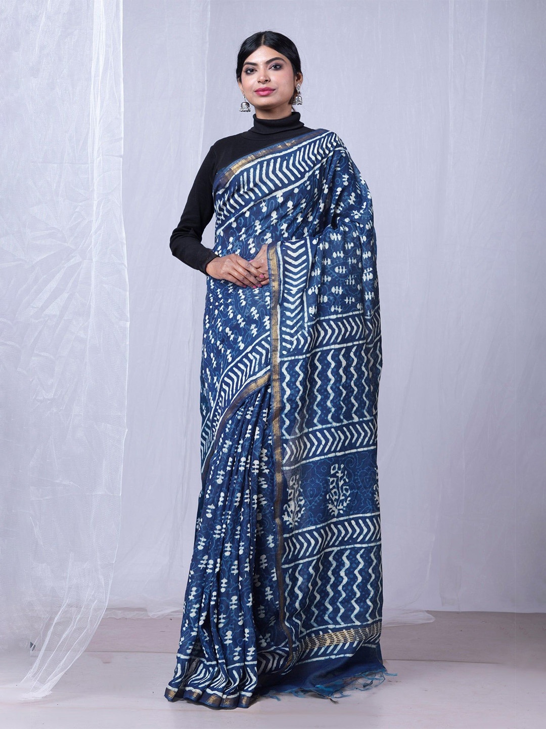 

Unnati Silks Ethnic Motifs Zari Silk Cotton Handloom Chanderi Saree, Blue