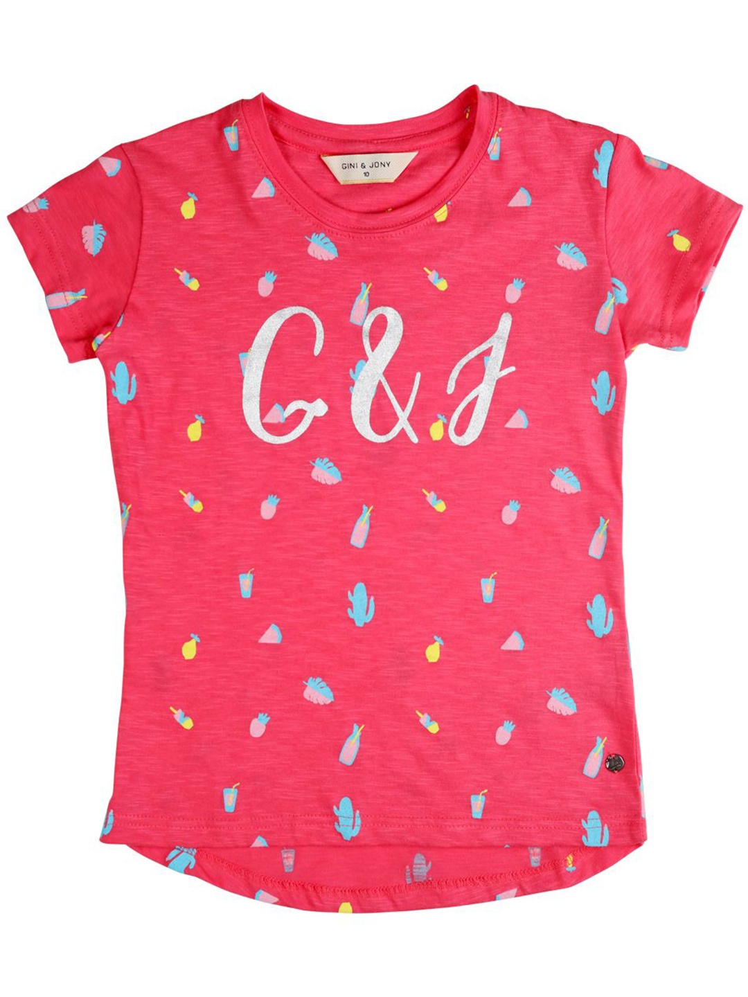 

Gini and Jony Girls Conversational Printed Round Neck Cotton Top, Pink