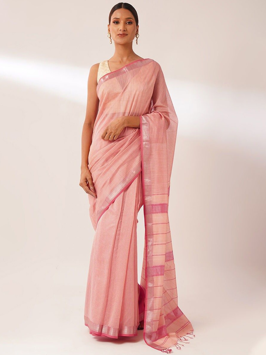 

JAYPORE Striped Woven Design Zari Maheshwari Saree, Pink