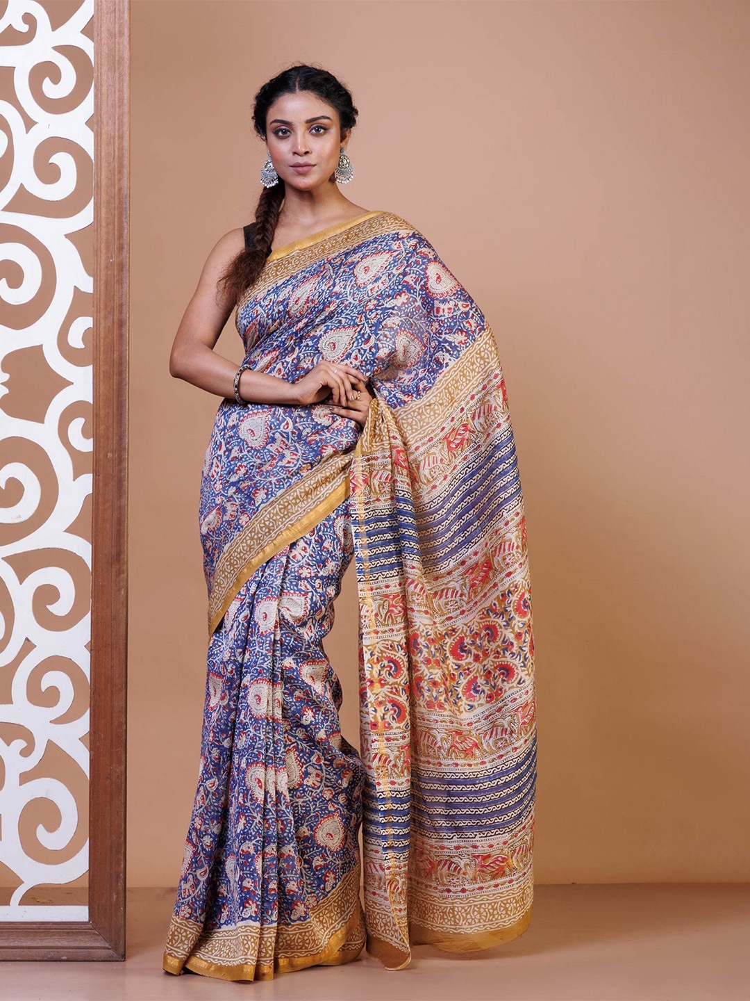 

Unnati Silks Ethnic Motifs Zari Silk Cotton Handloom Chanderi Saree, Blue