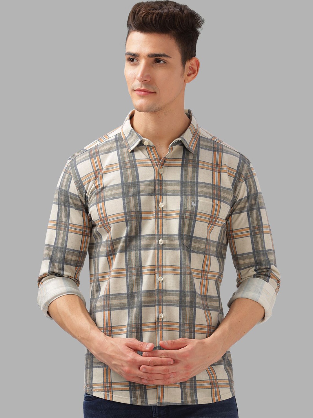 

BULLMER Men Spread Collar Checked Cotton Casual Shirt, Beige