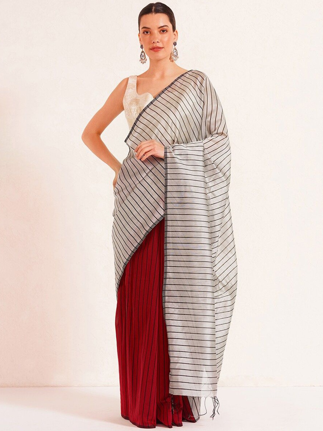 

JAYPORE Striped Maheshwari Saree, Red