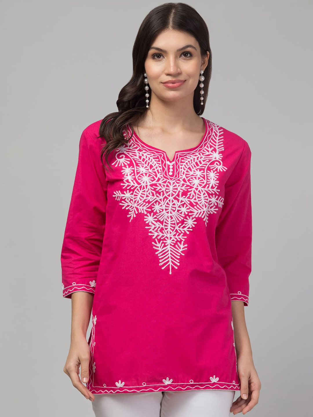 

FAMBEE Floral Embroidered Pure Cotton Kurti, Pink