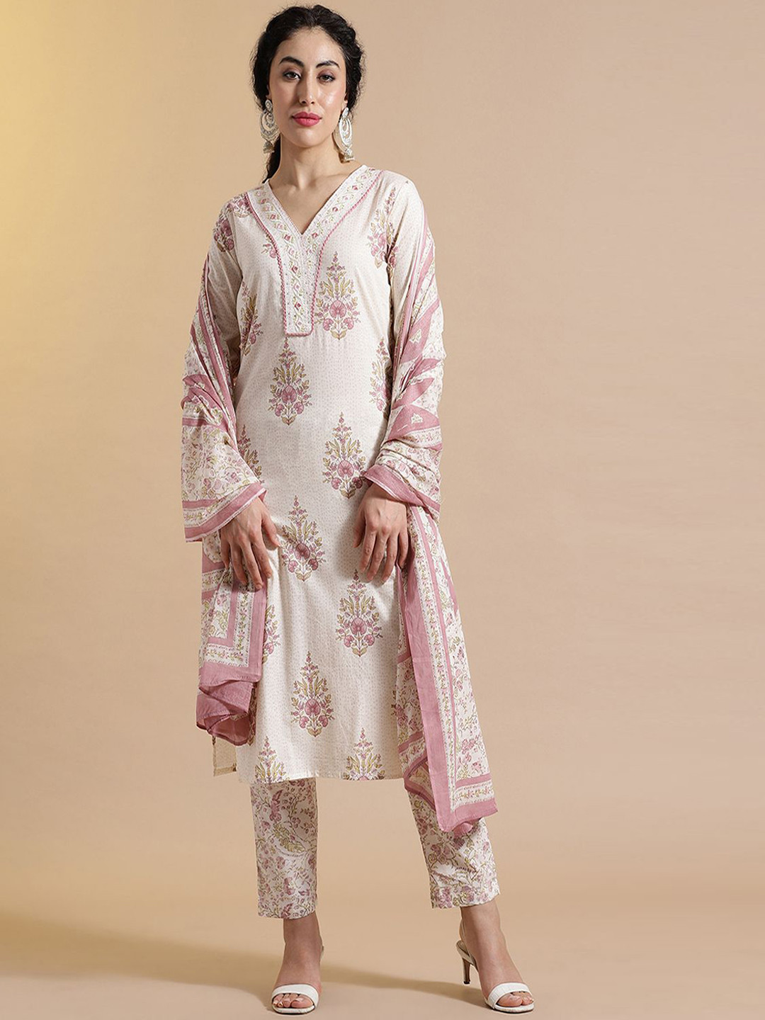 

STYLEBAAZI Women Floral Embroidered Thread Work Pure Cotton Kurta with Trousers & Dupatta, Pink