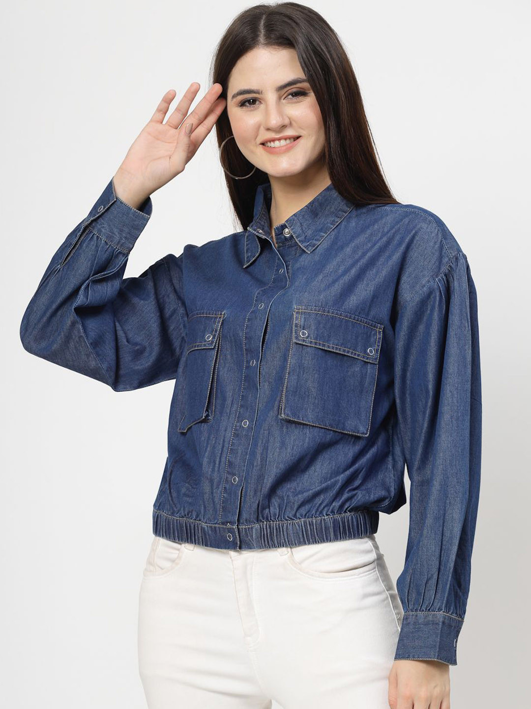 

COSMIC TRIO Women Washed Cotton Denim Jacket, Navy blue